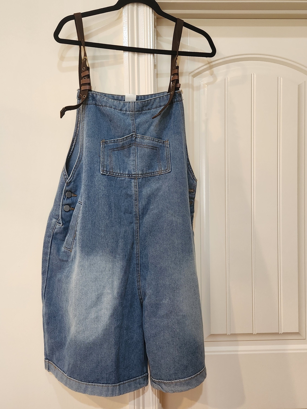 Denim Short Overalls Romper with Brown Adjustable Straps - Blue